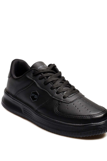 Men's Black Leather Low-Top Sneakers with Perforated Design