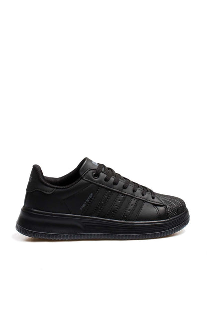 Men's All-Black Leather Low-Top Sneakers with Textured Toe