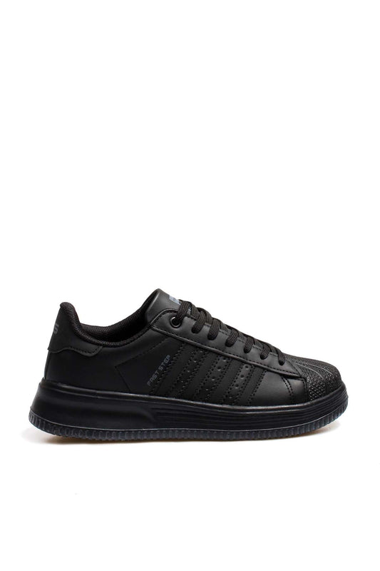 Men's All-Black Leather Low-Top Sneakers with Textured Toe