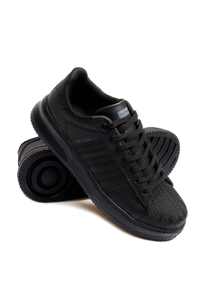 Men's All-Black Leather Low-Top Sneakers with Textured Toe