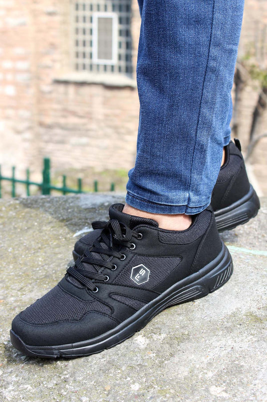 Men's All-Black Athletic Sneakers with Mesh Panels