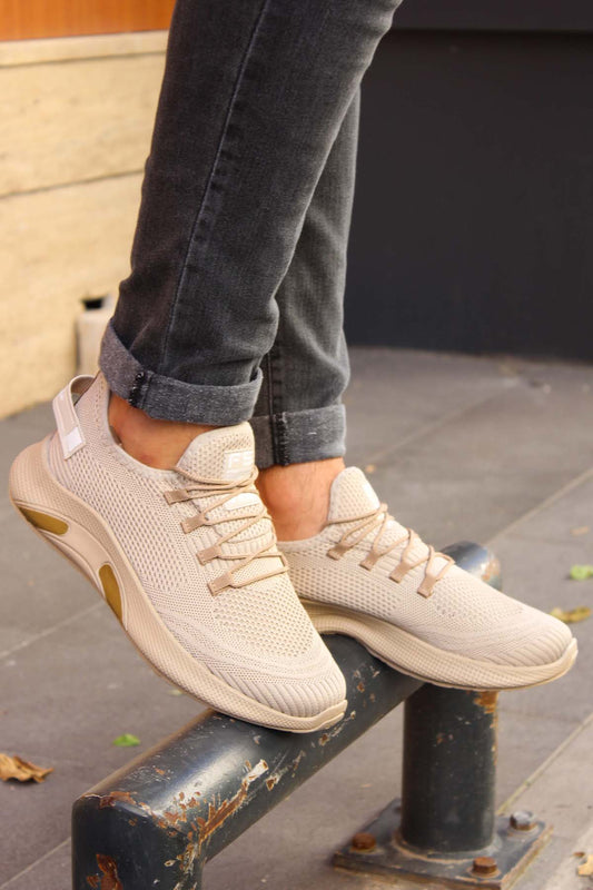 Men's Beige Lightweight Knit Sneakers with Breathable Design
