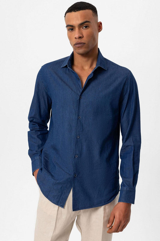 Men's Navy Blue Long-Sleeve Denim Shirt