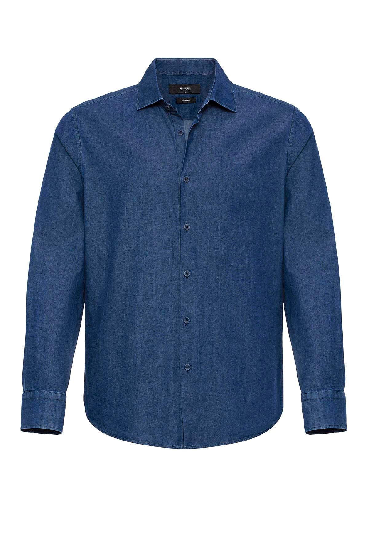 Men's Navy Blue Long-Sleeve Denim Shirt