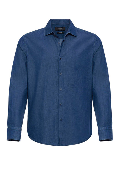 Men's Navy Blue Long-Sleeve Denim Shirt
