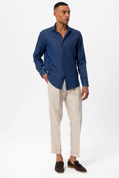 Men's Navy Blue Long-Sleeve Denim Shirt