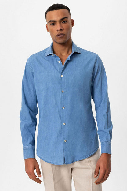 Men's Light Blue Long-Sleeve Denim Shirt