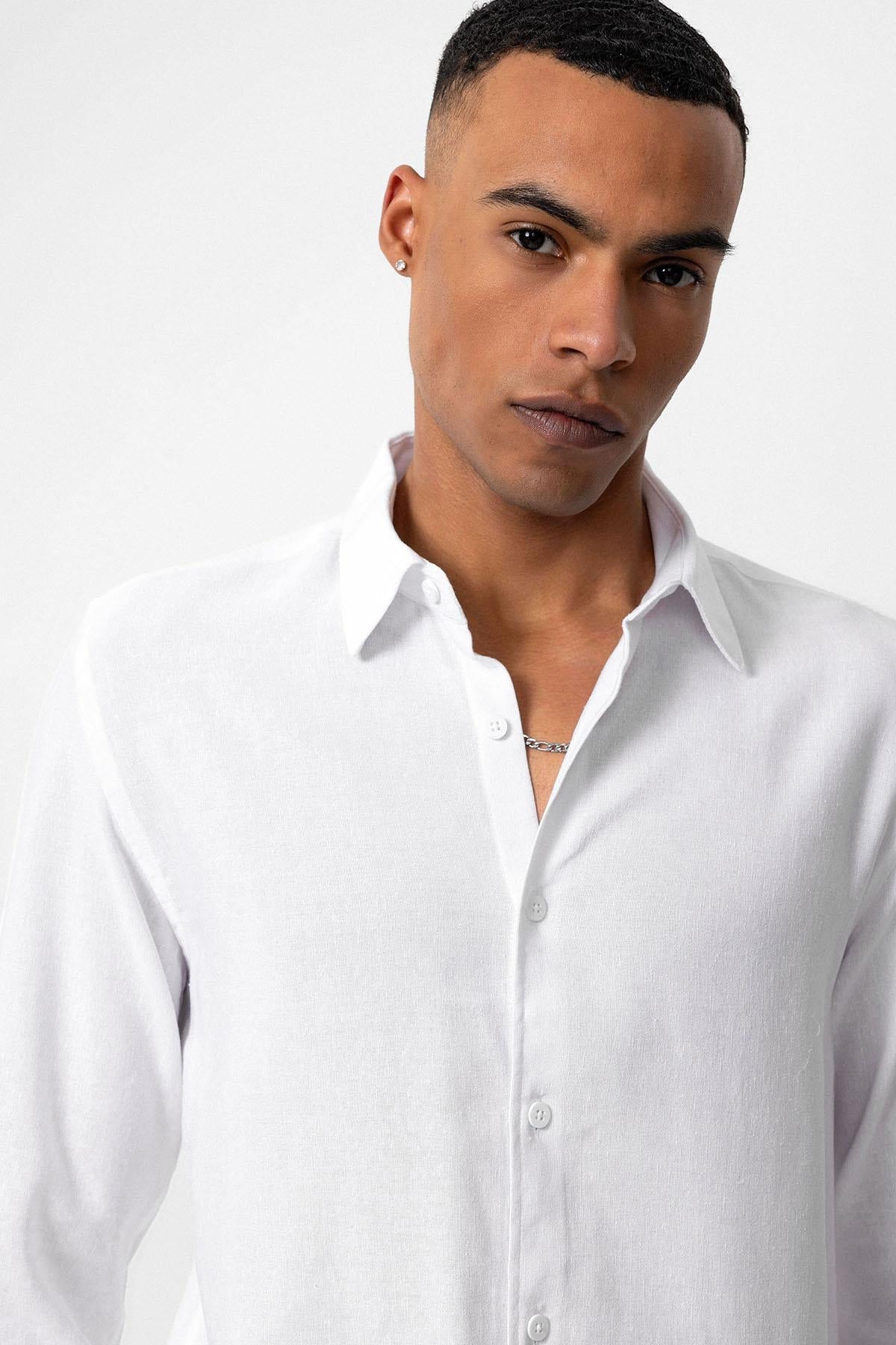 Men's White Long Sleeve Linen Shirt
