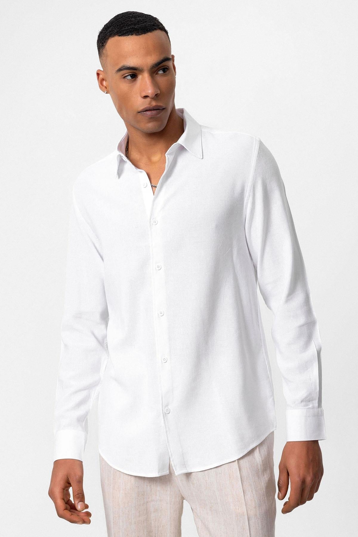 Men's White Long Sleeve Linen Shirt