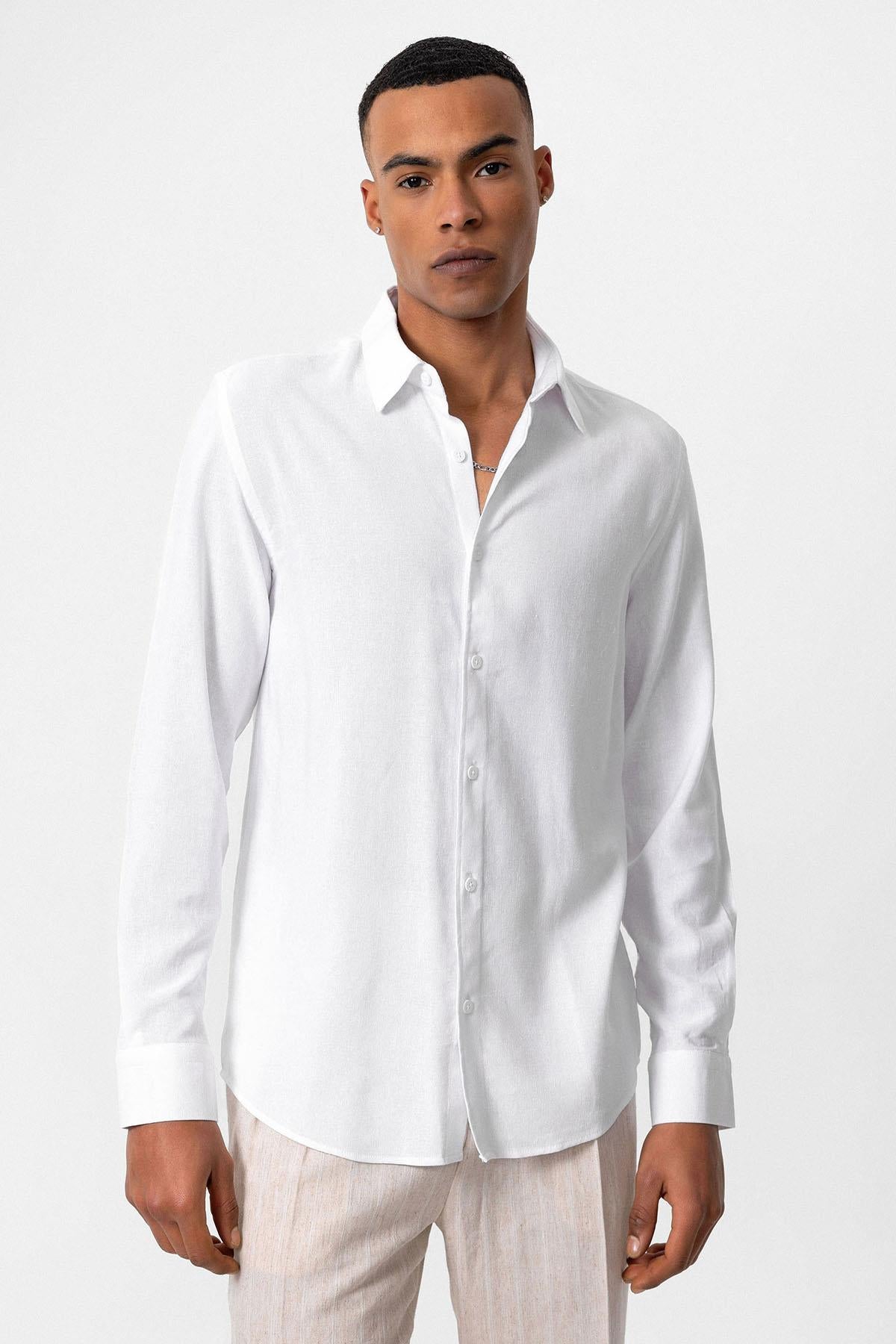 Men's White Long Sleeve Linen Shirt