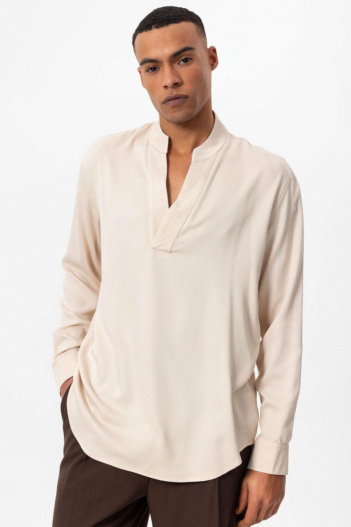 Men's Light Beige V-Neck Long Sleeve Shirt