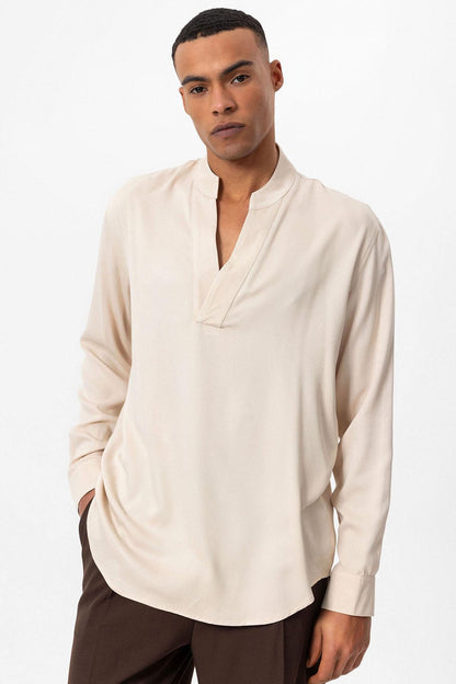Men's Light Beige V-Neck Long Sleeve Shirt