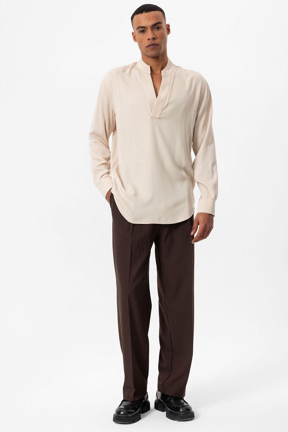 Men's Light Beige V-Neck Long Sleeve Shirt