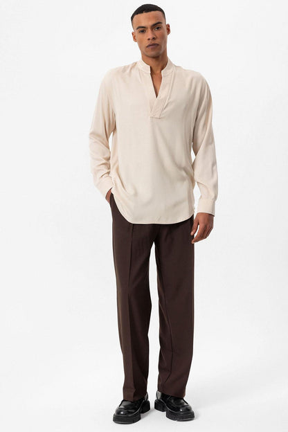 Men's Light Beige V-Neck Long Sleeve Shirt