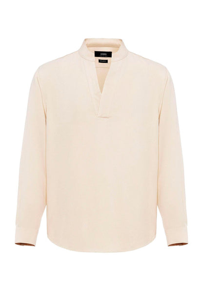 Men's Light Beige V-Neck Long Sleeve Shirt