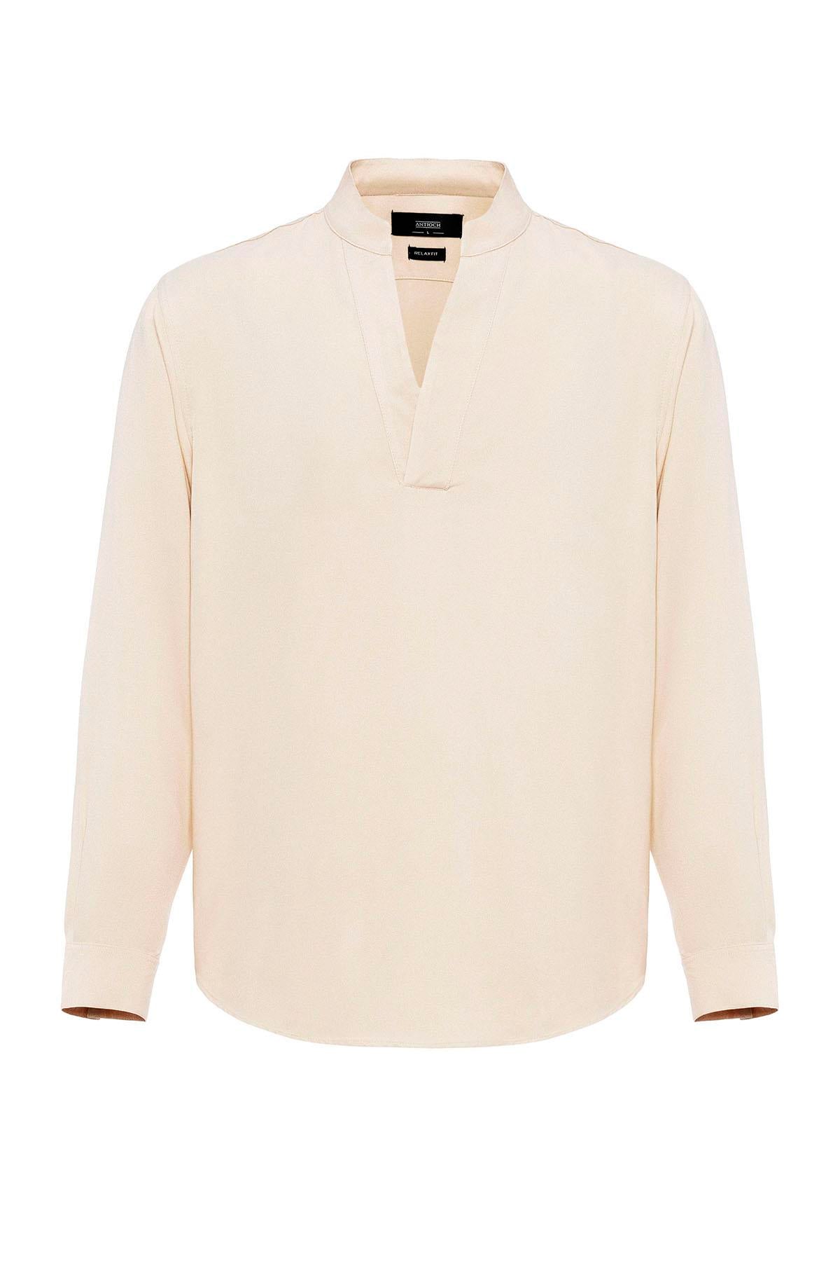 Men's Light Beige V-Neck Long Sleeve Shirt