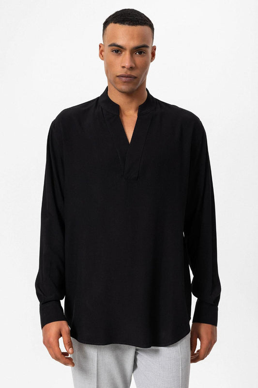 Men's Black V-Neck Long Sleeve Shirt -