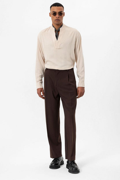 Men's Light Beige V-Neck Long Sleeve Shirt