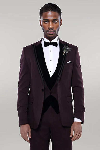 KOALA SYDNEY  Velvet Collar Patterned Burgundy Tuxedo -