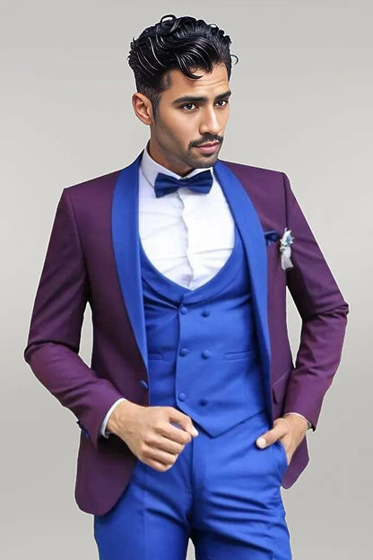 Vested Combined Burgundy-Blue Tuxedo