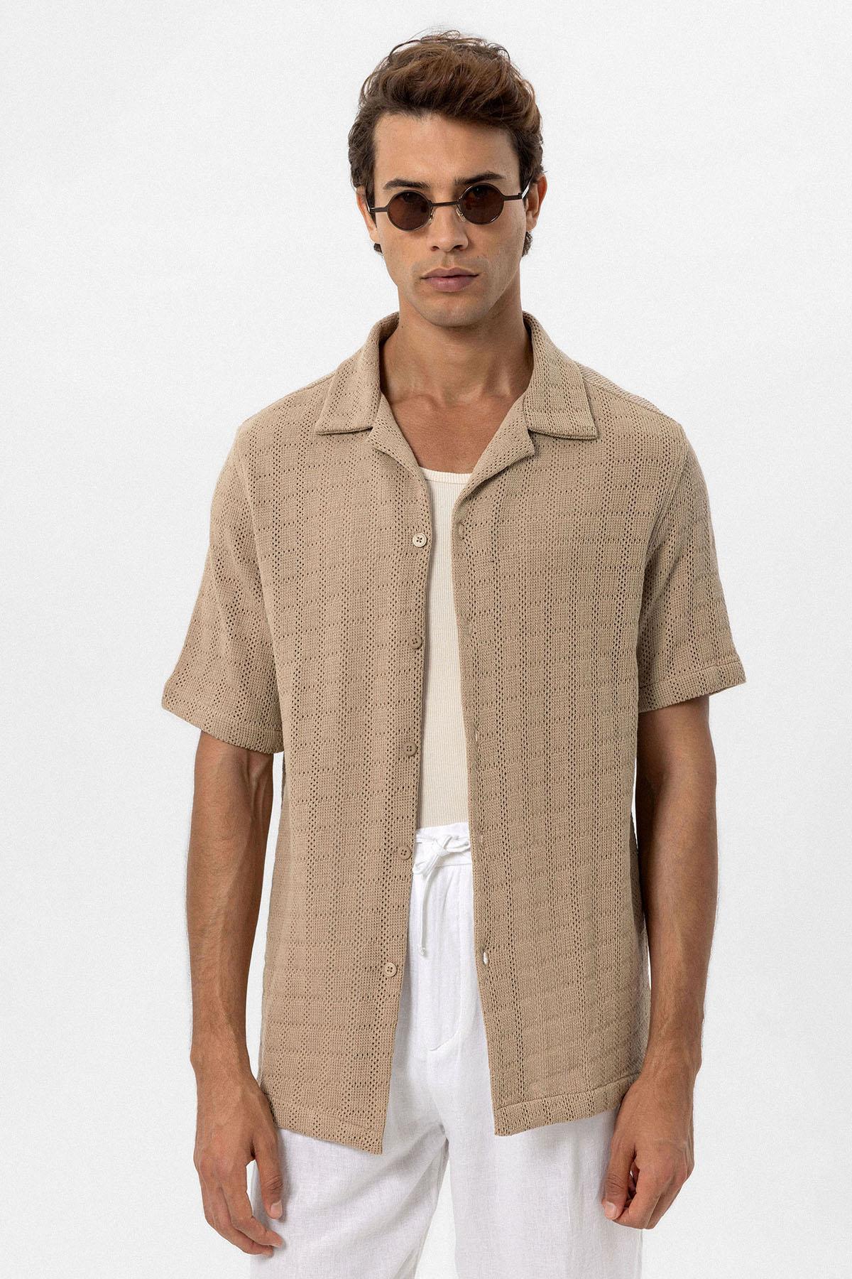 Men's Taupe Camp Collar Woven Shirt