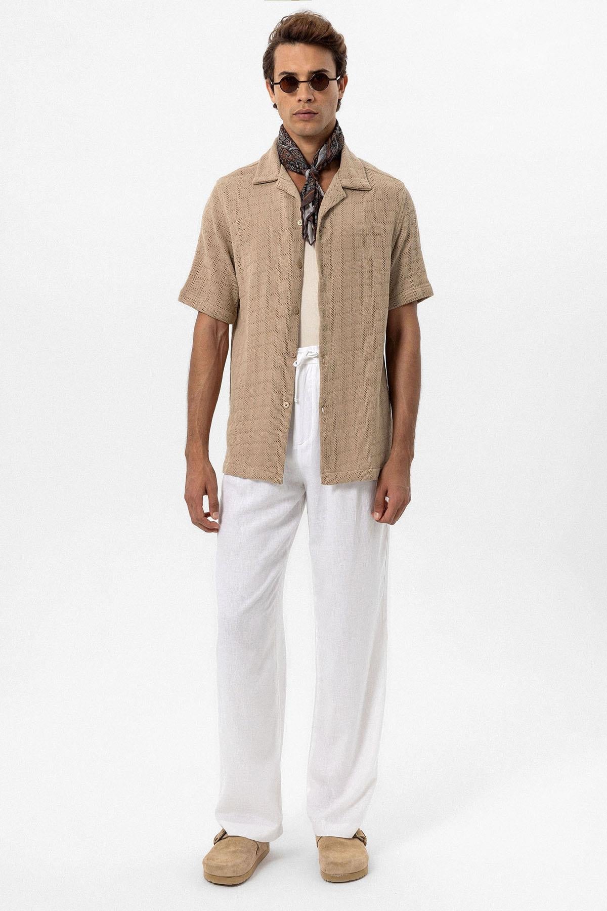 Men's Taupe Camp Collar Woven Shirt