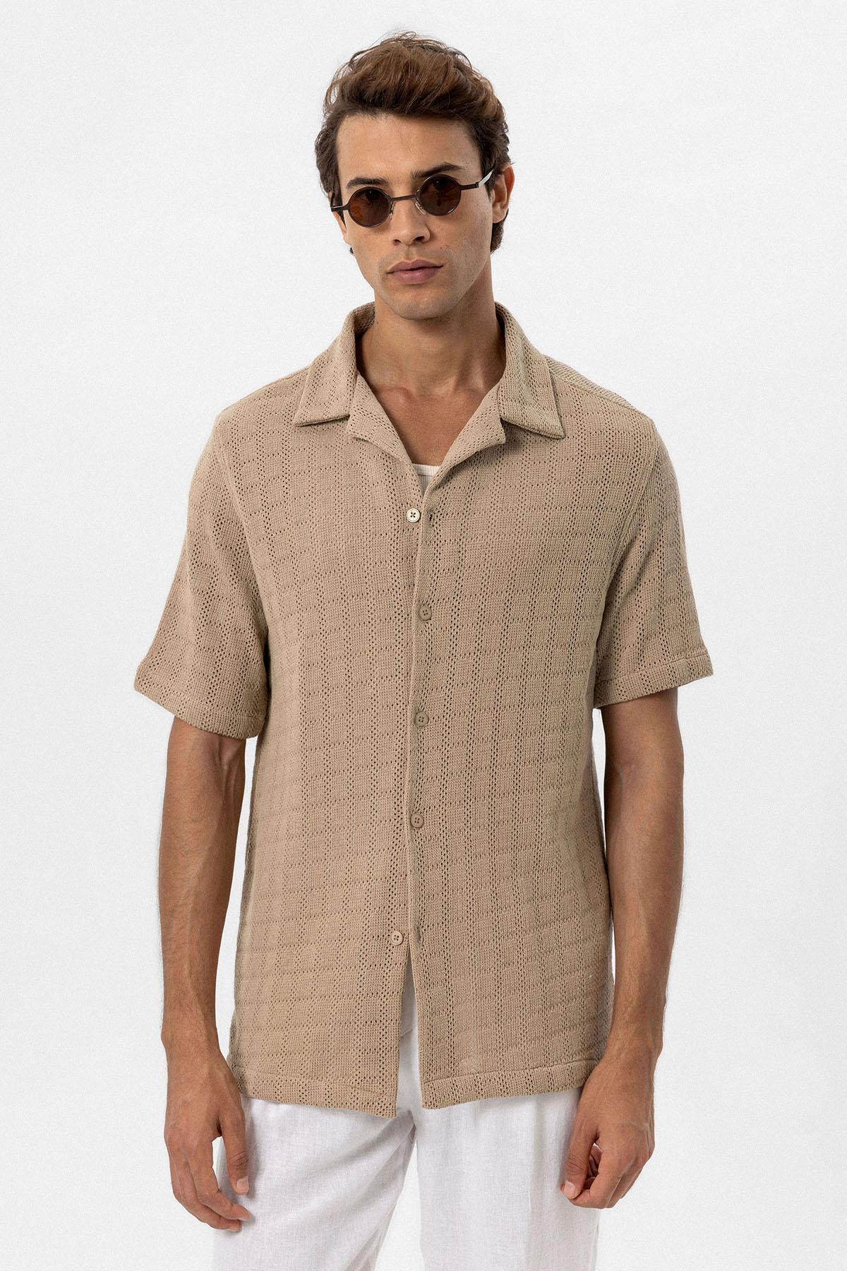 Men's Taupe Camp Collar Woven Shirt