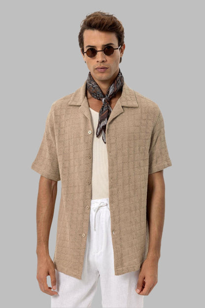 Men's Taupe Camp Collar Woven Shirt