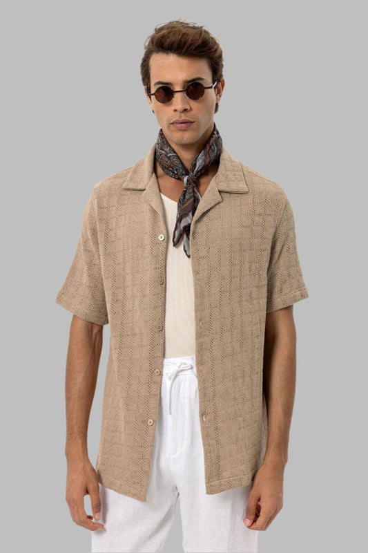 Men's Taupe Camp Collar Woven Shirt -