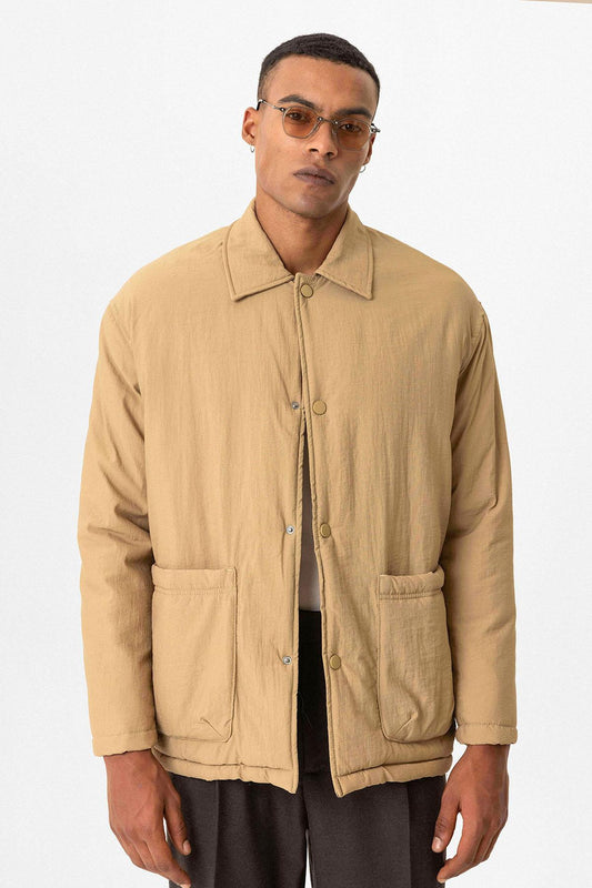 Taupe Lightly Padded Men's Jacket with Cargo Pockets