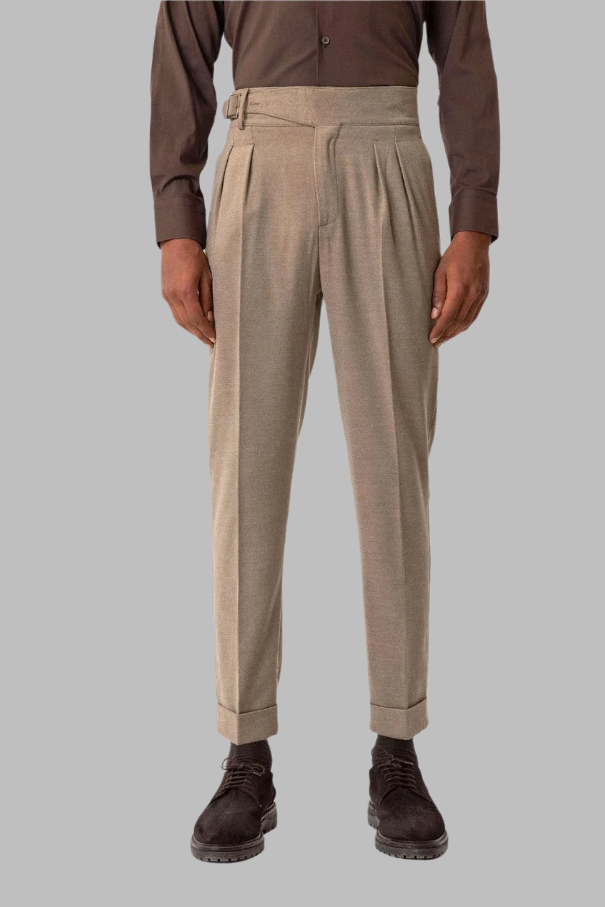 Taupe Pleated Men's Trousers with Buckle Detail