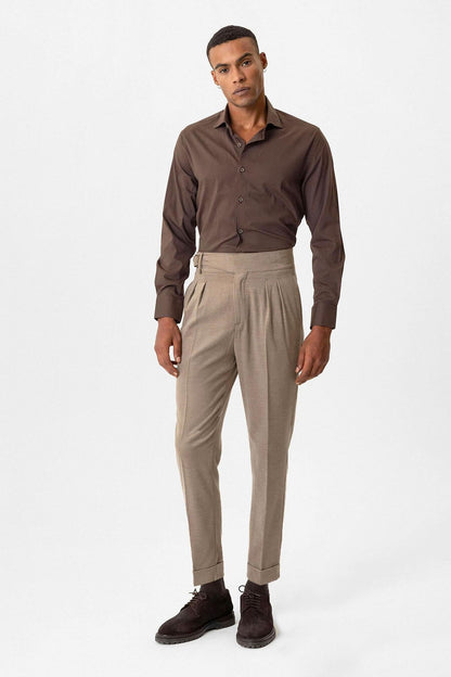 Taupe Pleated Men's Trousers with Buckle Detail