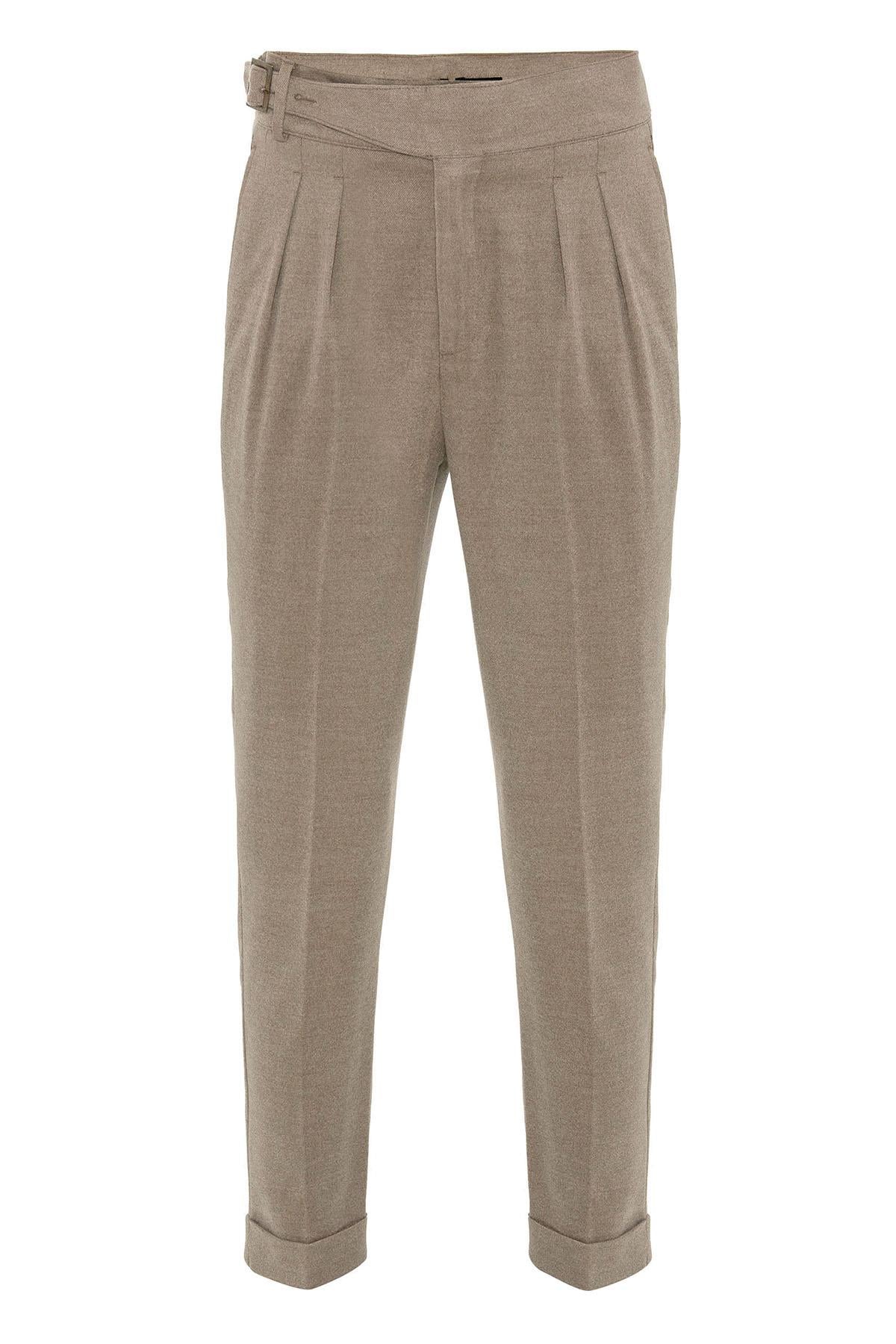 Taupe Pleated Men's Trousers with Buckle Detail
