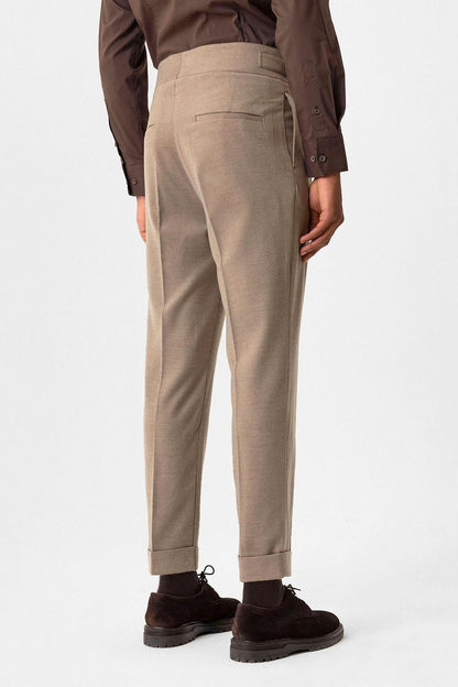 Taupe Pleated Men's Trousers with Buckle Detail