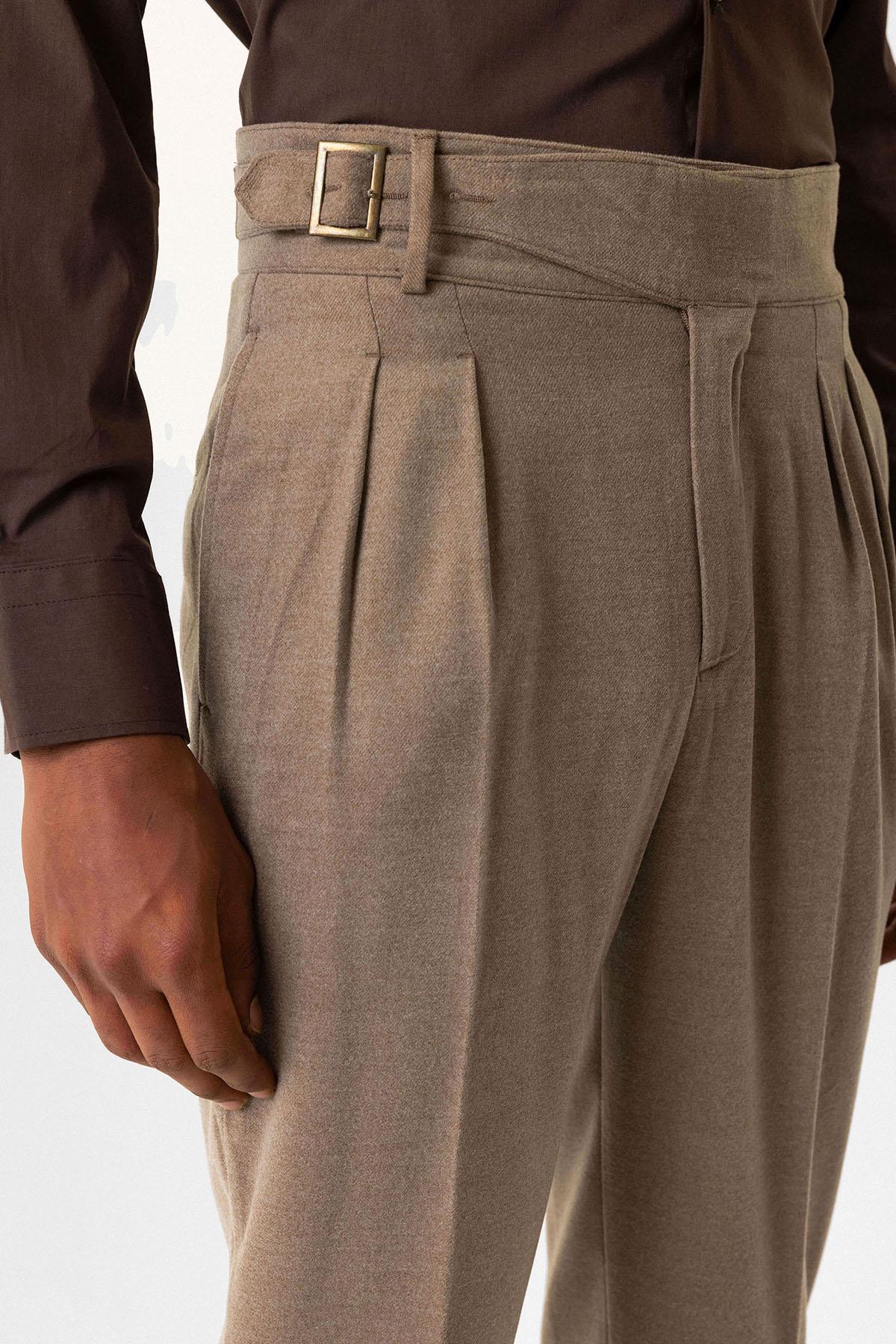 Taupe Pleated Men's Trousers with Buckle Detail
