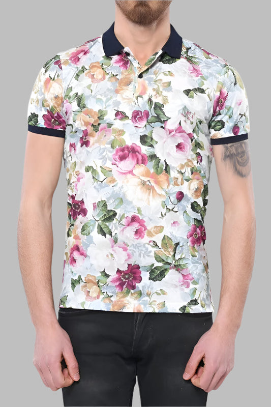 Polo Neck Floral Pattern Green T-Shirt - Wessi