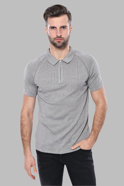 Polo Zippered Patterned Grey Knitted T-Shirt - Wessi
