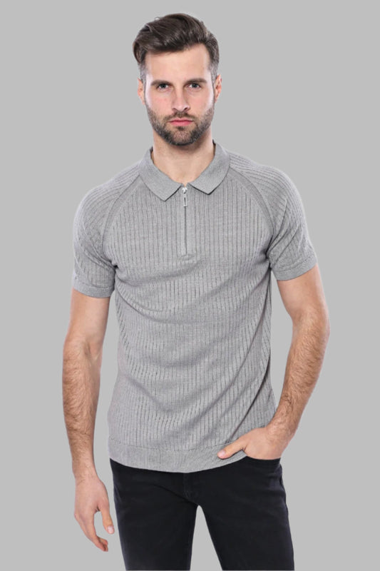 Polo Zippered Patterned Grey Knitted T-Shirt - Wessi