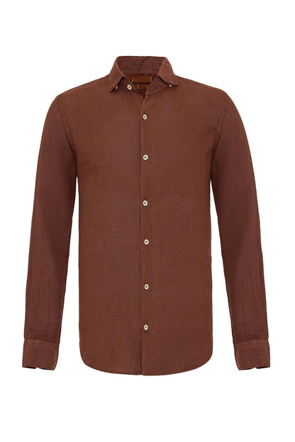 Men's Brown Collar Button Detailed 100% Linen Shirt