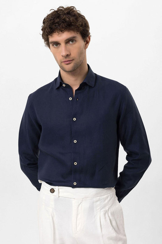 Men's Navy Blue Collar Button Detailed 100% Linen Shirt