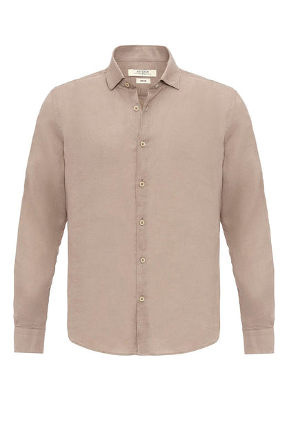 Men's Beige Collar Button Detailed 100% Linen Shirt