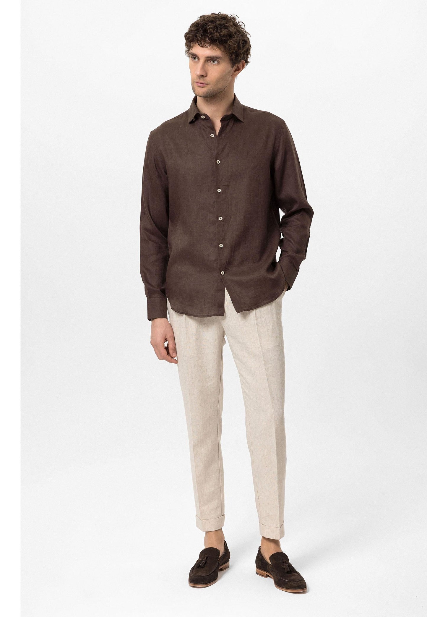 Men's Dark Brown Collar Button Detail 100% Linen Shirt