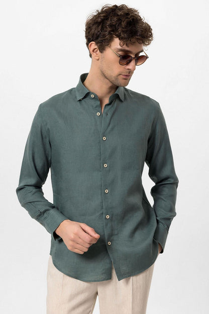 Men's Green Collar Button Detail 100% Linen Shirt
