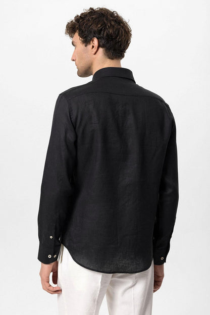 Men's Black Collar Button Detail 100% Linen Shirt