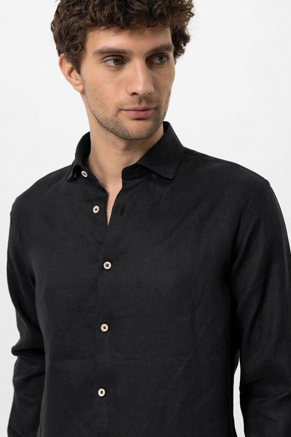 Men's Black Collar Button Detail 100% Linen Shirt