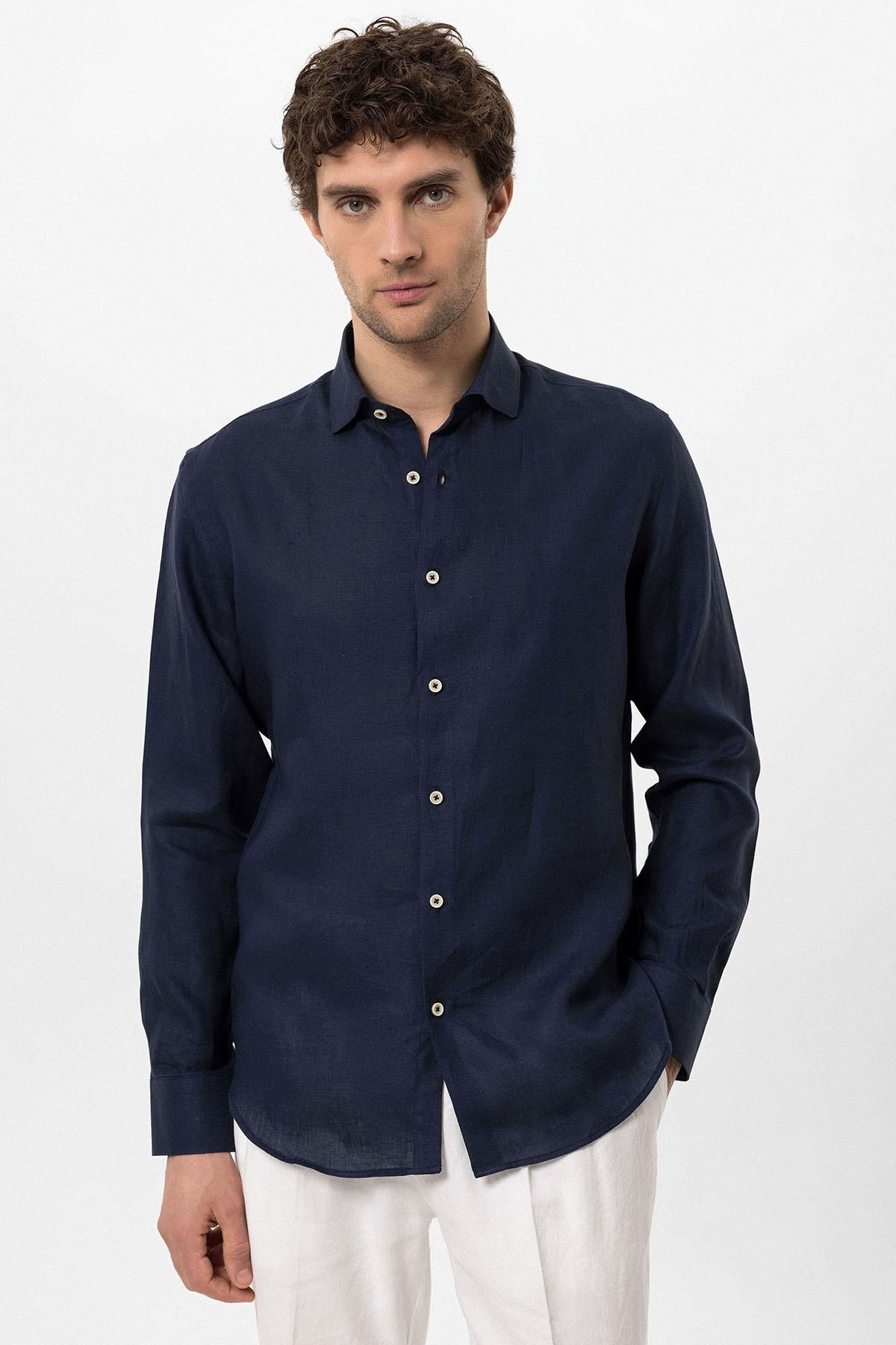 Men's Navy Blue Collar Button Detailed 100% Linen Shirt