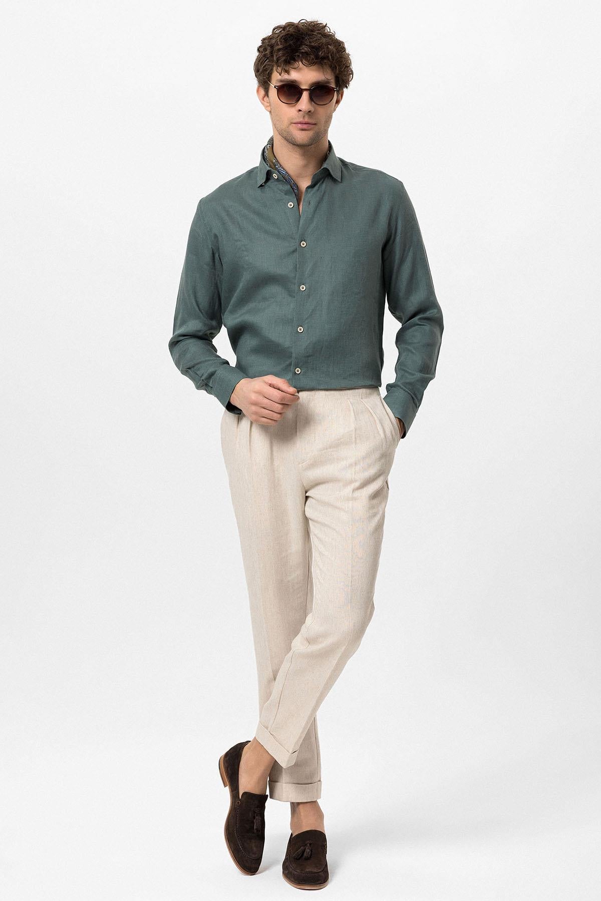 Men's Green Collar Button Detail 100% Linen Shirt