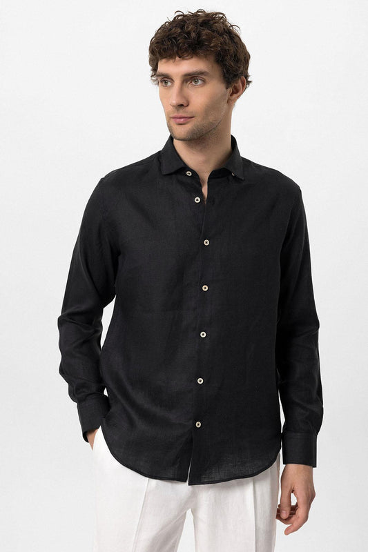 Men's Black Collar Button Detail 100% Linen Shirt