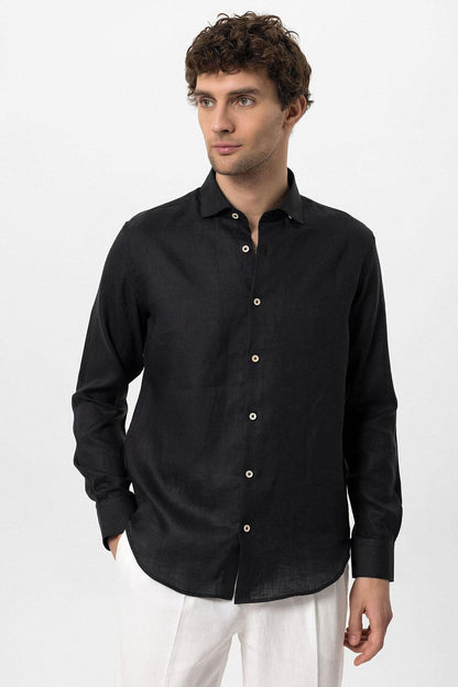 Men's Black Collar Button Detail 100% Linen Shirt