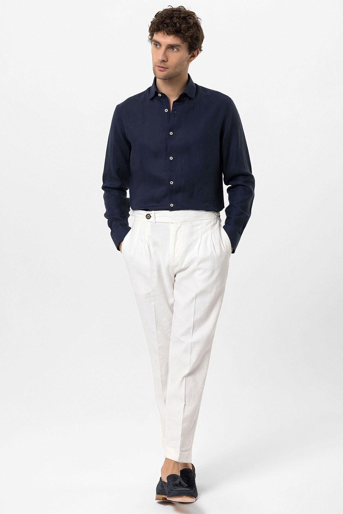 Men's Navy Blue Collar Button Detailed 100% Linen Shirt